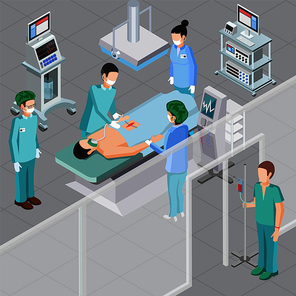 Medical equipment isometric composition with human characters of doctors in surgery room with operating room equipment vector illustration