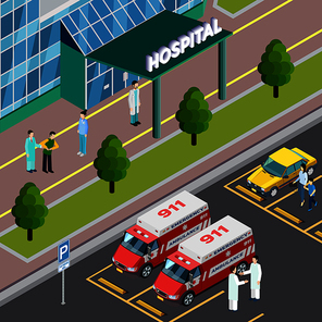 Medical equipment isometric composition with outdoor view of hospital entrance and parking lot with ambulance cars vector illustration