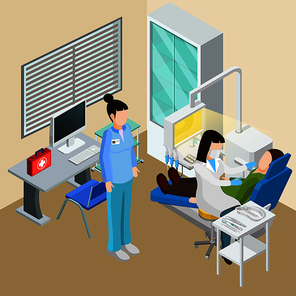Medical equipment isometric composition with dental surgery interior human characters of doctors patient and therapeutic facilities vector illustration