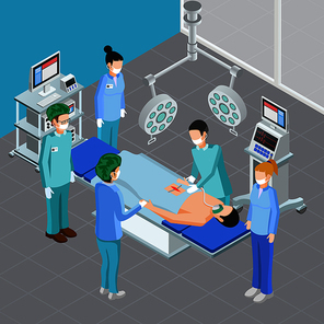 Medical equipment isometric composition with view of surgery room with apparatus and people during surgical attack vector illustration