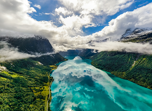 Beautiful Nature Norway natural landscape. lovatnet lake Lodal valley.