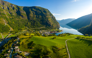 Aurlandsfjord Town Of Flam at dawn. Beautiful Nature Norway natural landscape.
