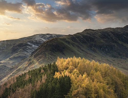Epic landscape image of Autumn Fall with vibrant pine and larch trees against majestic setting of Hawes Water and High Stile peak in Lake District