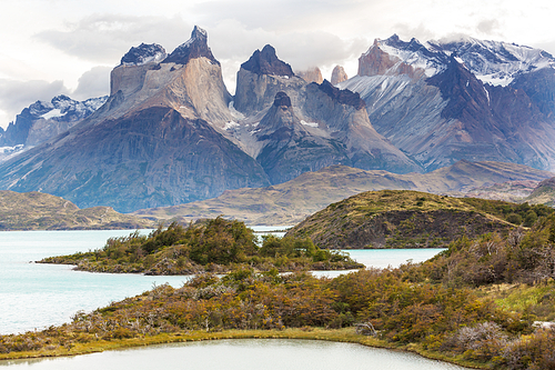 Beautiful mountain landscapes in Torres Del Paine National Park, Chile. World famous hiking region.