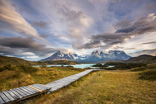 Beautiful mountain landscapes in Torres Del Paine National Park, Chile. World famous hiking region.