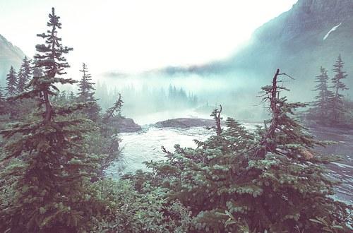 Picturesque rocky peaks of the Glacier National Park, Montana, USA. Beautiful natural landscapes.