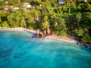 Beautiful beach with palm trees aerial top view drone shot at Seychelles, Mahe
