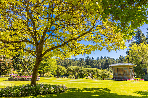 Butchart Gardens at Victoria Island, Canada in summer.  View of the summer house of the historic garden.