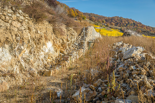 Traditional stonewall in the vinyards near D?rnstein is being build up, Wachau, Austria