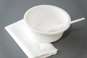 eating, recycling and ecology concept - white disposable plastic plate with spoon and paper napkin on grey background