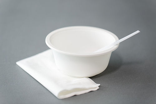 eating, recycling and ecology concept - white disposable plastic plate with spoon and paper napkin on grey background