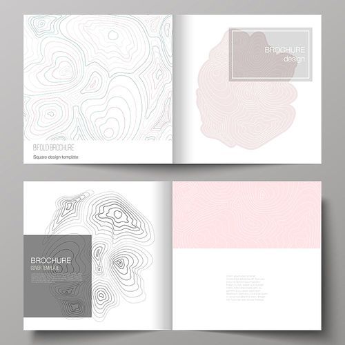 The vector illustration of the editable layout of two covers templates for square design bifold brochure, magazine, flyer, booklet. Topographic contour map, abstract monochrome background