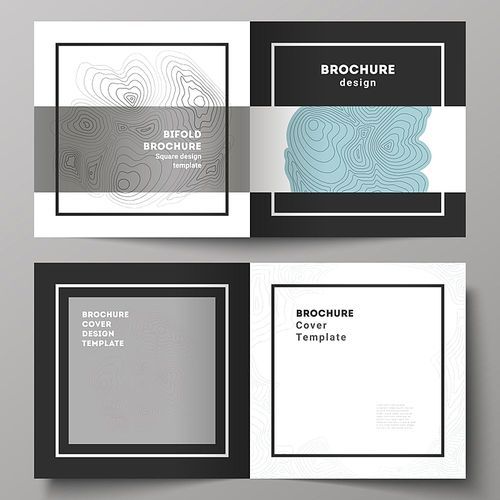 The black colored vector illustration of editable layout of two covers templates for square design bifold brochure, magazine, flyer, booklet. Topographic contour map, abstract monochrome background