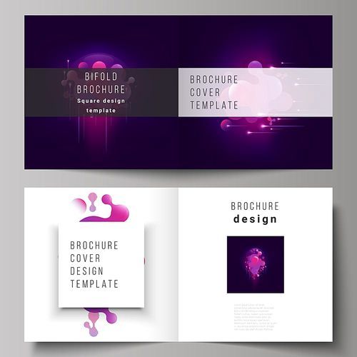 The black colored vector layout of two covers templates for square design bifold brochure, magazine, flyer, booklet. Black background with fluid gradient, liquid pink colored geometric element