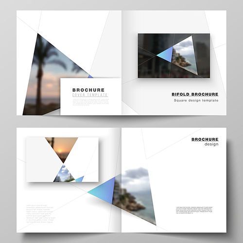 The vector layout of two covers templates for square design bifold brochure, magazine, flyer, booklet. Creative modern background with blue triangles and triangular shapes. Simple design decoration