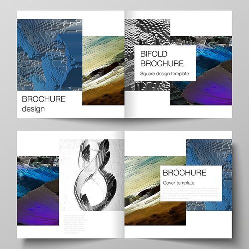 Vector layout of two covers templates for square design bifold brochure, magazine, flyer, booklet. Big data. Dynamic geometric background. Cubes pattern design with motion effect. 3d technology style