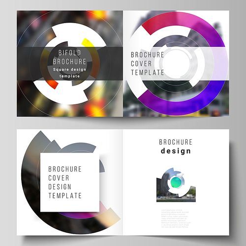 the vector layout of two covers templates for square design bifold brochure, magazine, flyer, booklet. futuristic design circular pattern, circle  forming geometric frame for photo