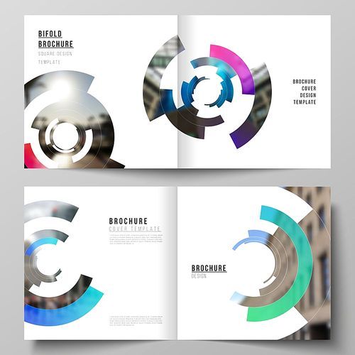 The vector layout of two covers templates for square design bifold brochure, magazine, flyer, booklet. Futuristic design circular pattern, circle elements forming geometric frame for photo