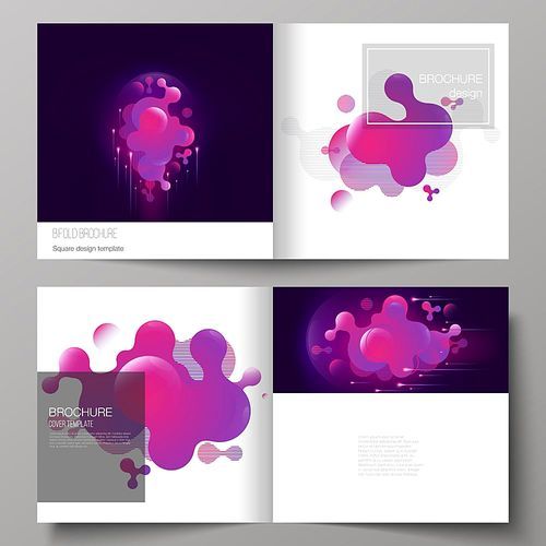 The black colored vector layout of two covers templates for square design bifold brochure, magazine, flyer, booklet. Black background with fluid gradient, liquid pink colored geometric element