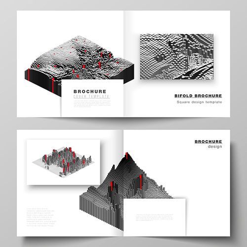 Vector layout of two covers templates for square design bifold brochure, magazine, flyer, booklet. Big data. Dynamic geometric background. Cubes pattern design with motion effect. 3d technology style