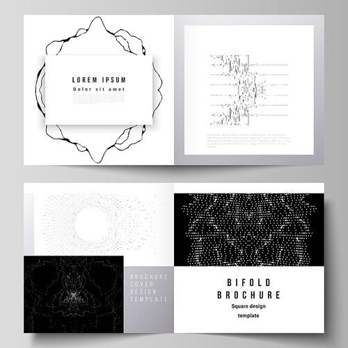 The vector layout of two covers templates for square design bifold brochure, magazine, flyer, booklet. Trendy modern science or technology background with dynamic particles. Cyberspace grid