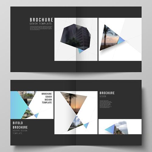 The vector layout of two covers templates for square design bifold brochure, magazine, flyer, booklet. Creative modern background with blue triangles and triangular shapes. Simple design decoration