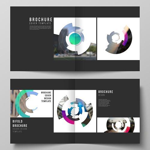 the vector layout of two covers templates for square design bifold , magazine, flyer, booklet. futuristic design circular pattern, circle  forming geometric frame for photo
