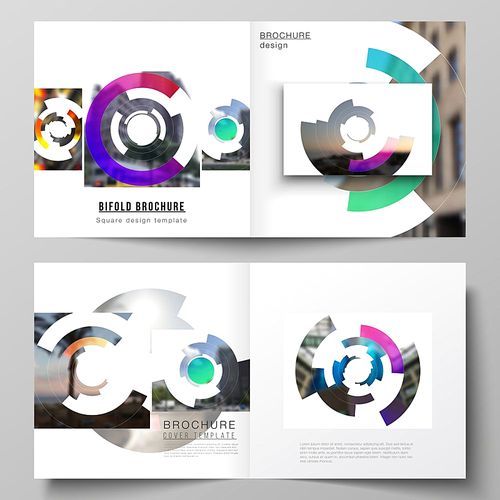 The vector layout of two covers templates for square design bifold brochure, magazine, flyer, booklet. Futuristic design circular pattern, circle elements forming geometric frame for photo