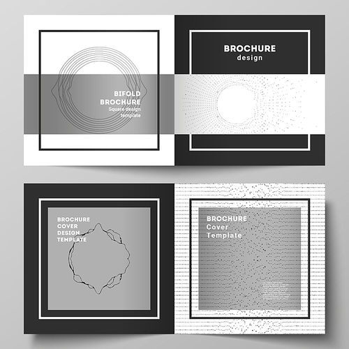 The vector layout of two covers templates for square design bifold brochure, magazine, flyer, booklet. Trendy modern science or technology background with dynamic particles. Cyberspace grid