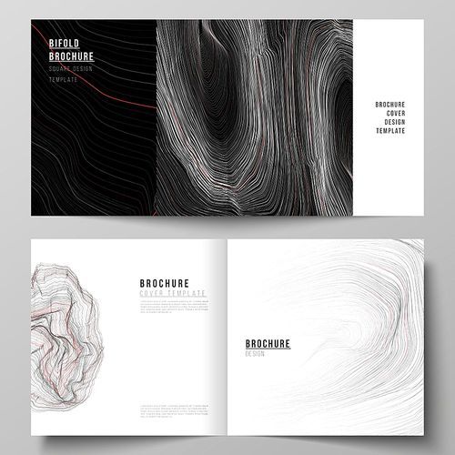 The black colored vector illustration of editable layout of two covers templates for square design bifold brochure, magazine, flyer, booklet. 3D grid surface, wavy vector background with ripple effect.
