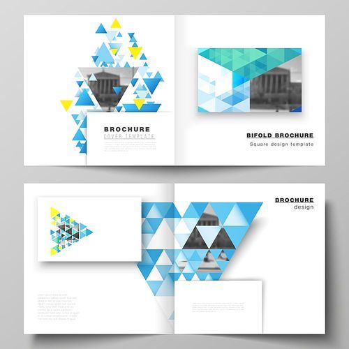 The vector illustration of editable layout of two covers templates for square design bifold brochure, magazine, flyer, booklet. Blue color polygonal background with triangles, colorful mosaic pattern