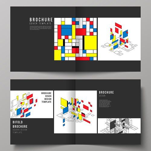 The vector illustration of two covers templates for square design bifold brochure, magazine, flyer, booklet. Abstract polygonal background, colorful mosaic pattern, retro bauhaus de stijl design