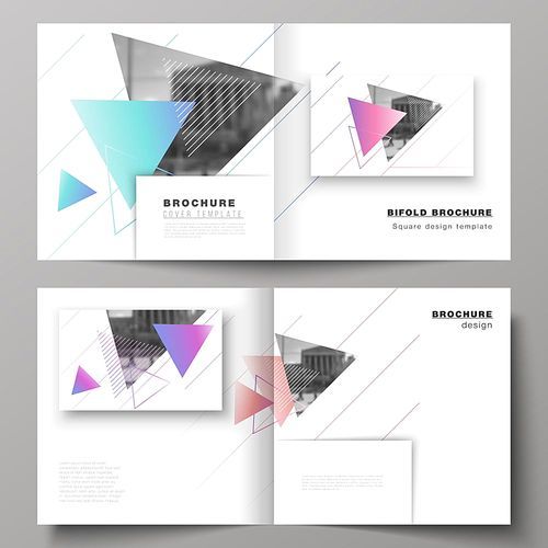 The vector illustration of the editable layout of two covers templates for square design bifold brochure, magazine, flyer, booklet. Colorful polygonal background with triangles with modern memphis pattern