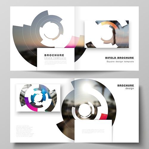 the vector layout of two covers templates for square design bifold brochure, magazine, flyer, booklet. futuristic design circular pattern, circle  forming geometric frame for photo