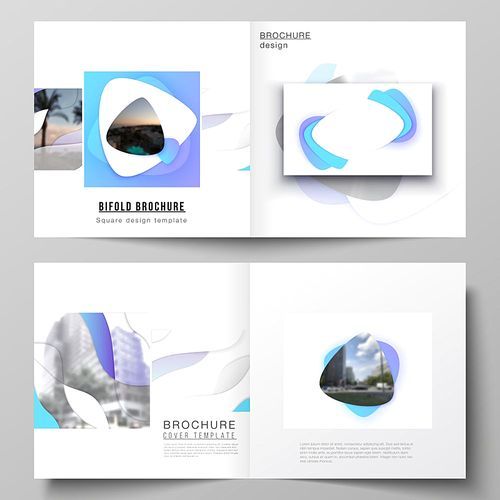 The vector illustration layout of two covers templates for square design bifold brochure, magazine, flyer, booklet. Blue color gradient abstract dynamic shapes, colorful geometric template design