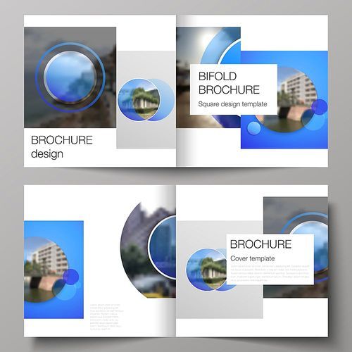The vector illustration of the editable layout of two covers templates for square design bifold brochure, magazine, flyer, booklet. Creative modern blue background with circles and round shapes