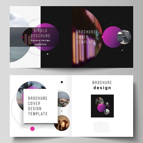 Vector layout of two covers templates for square design bifold brochure, magazine, flyer. Simple design futuristic concept.Creative background with circles and round shapes that form planets and stars.