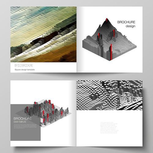 Vector layout of two covers templates for square design bifold brochure, magazine, flyer, booklet. Big data. Dynamic geometric background. Cubes pattern design with motion effect. 3d technology style