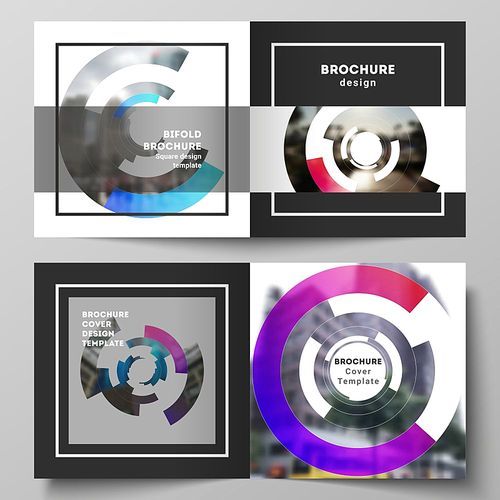 The vector layout of two covers templates for square design bifold brochure, magazine, flyer, booklet. Futuristic design circular pattern, circle elements forming geometric frame for photo