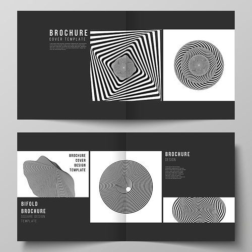 The vector layout of two covers templates for square design bifold brochure, magazine, flyer, booklet. Abstract 3D geometrical background with optical illusion black and white design pattern