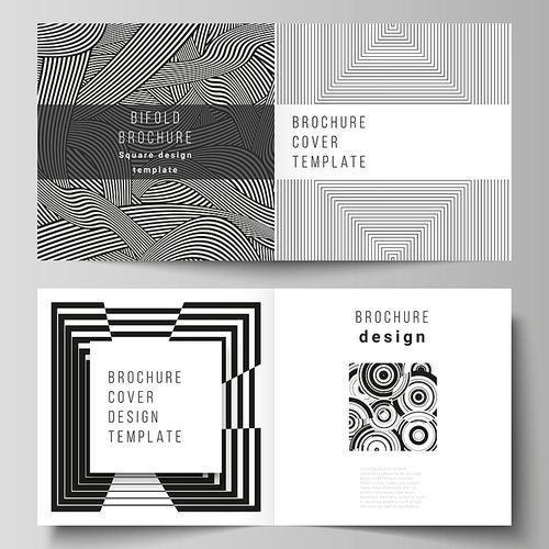 The vector layout of two covers templates for square design bifold brochure, magazine, flyer, booklet. Trendy geometric abstract background in minimalistic flat style with dynamic composition