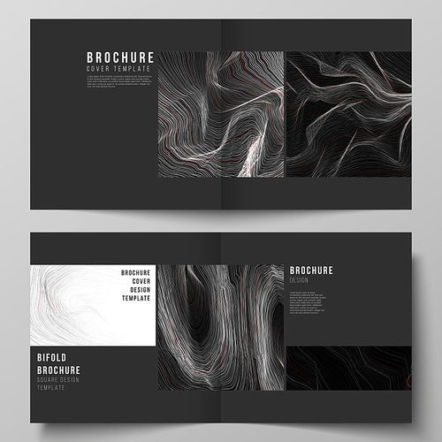 The black colored vector illustration of editable layout of two covers templates for square design bifold brochure, magazine, flyer, booklet. 3D grid surface, wavy vector background with ripple effect.