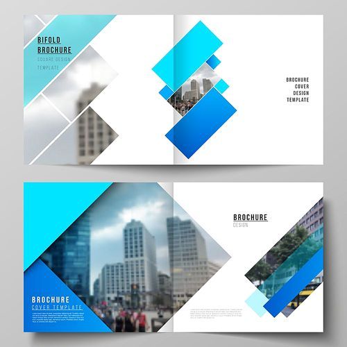 The vector illustration layout of two covers templates for square design bifold brochure, magazine, flyer, booklet. Abstract geometric pattern creative modern blue background with rectangles