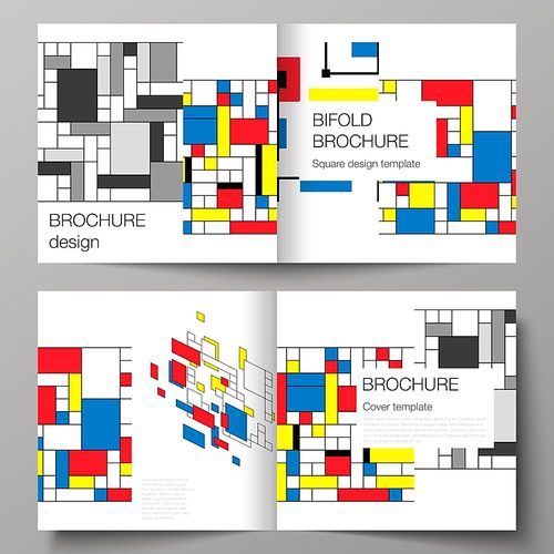 The vector illustration of two covers templates for square design bifold brochure, magazine, flyer, booklet. Abstract polygonal background, colorful mosaic pattern, retro bauhaus de stijl design