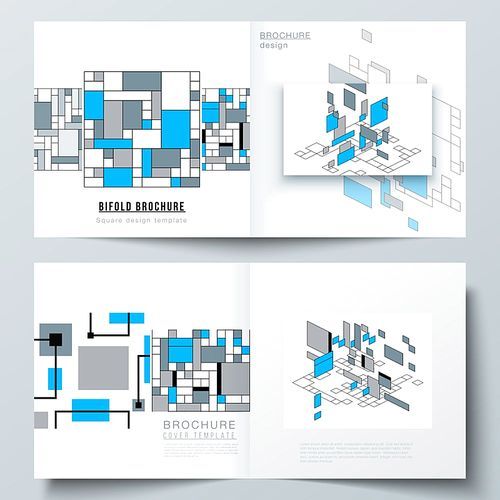 The vector layout of two covers templates for square design bifold brochure, magazine, flyer, booklet. Abstract polygonal background, colorful mosaic pattern, retro bauhaus de stijl design