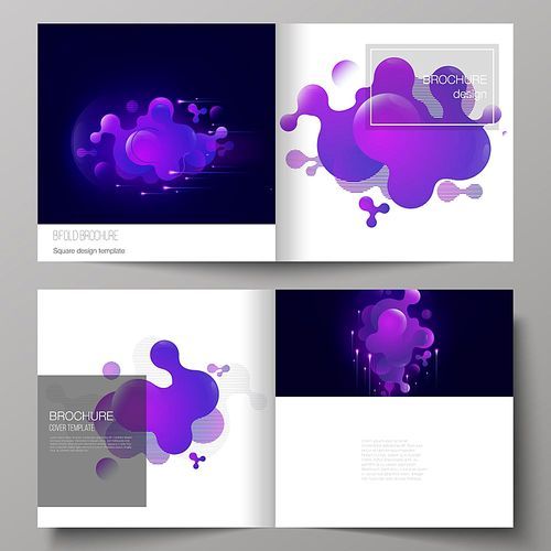 The black colored vector layout of two covers templates for square design bifold brochure, magazine, flyer, booklet. Black background with fluid gradient, liquid blue colored geometric element