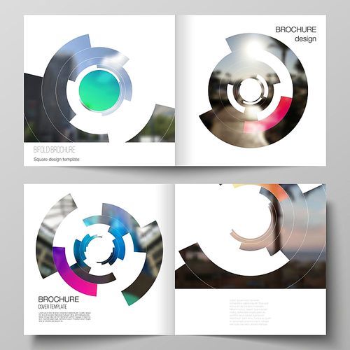 the vector layout of two covers templates for square design bifold brochure, magazine, flyer, booklet. futuristic design circular pattern, circle  forming geometric frame for photo