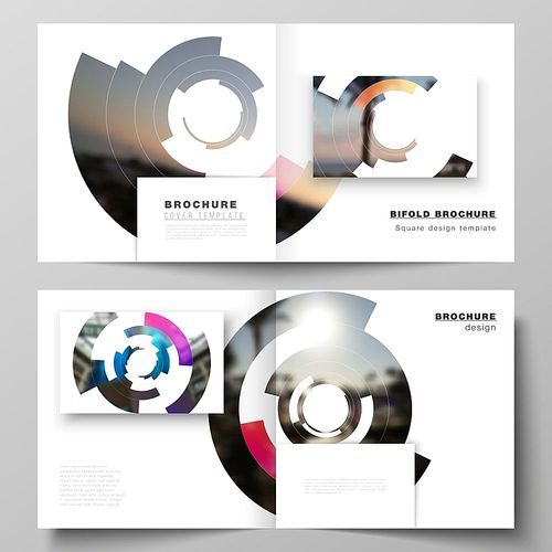 The vector layout of two covers templates for square design bifold brochure, magazine, flyer, booklet. Futuristic design circular pattern, circle elements forming geometric frame for photo