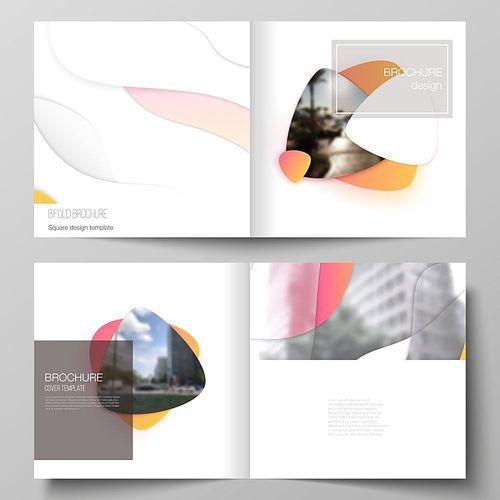 The vector illustration layout of two covers templates for square design bifold brochure, magazine, flyer, booklet. Yellow color gradient abstract dynamic shapes, colorful geometric template design