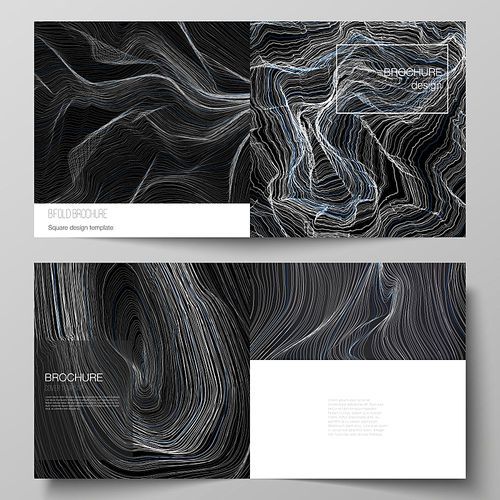 The black colored vector illustration layout of two covers templates for square design bifold brochure, magazine, flyer, booklet. Smooth smoke wave, hi-tech concept black color techno background